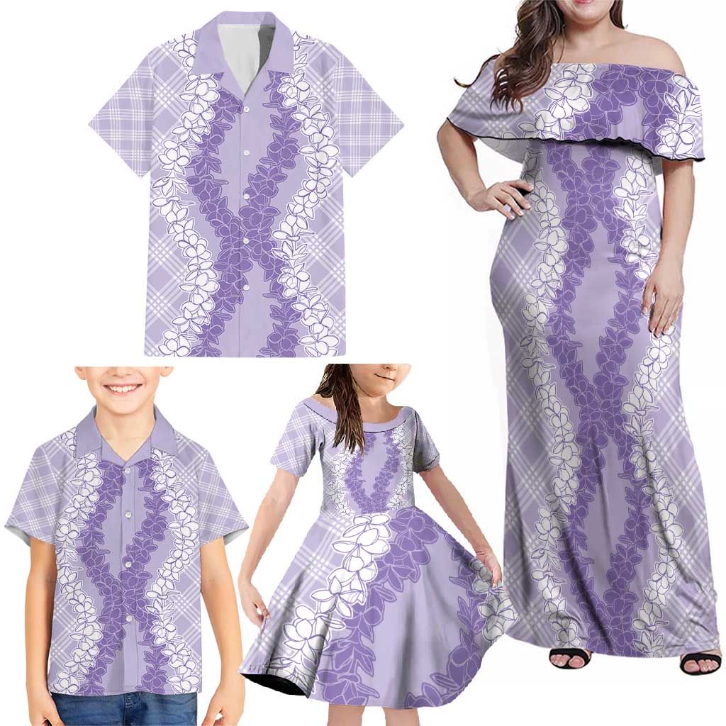 Hawaii Aloha Plumeria Lei Lavender Palaka Family Matching Off Shoulder Maxi Dress and Hawaiian Shirt - Polynesian Pride