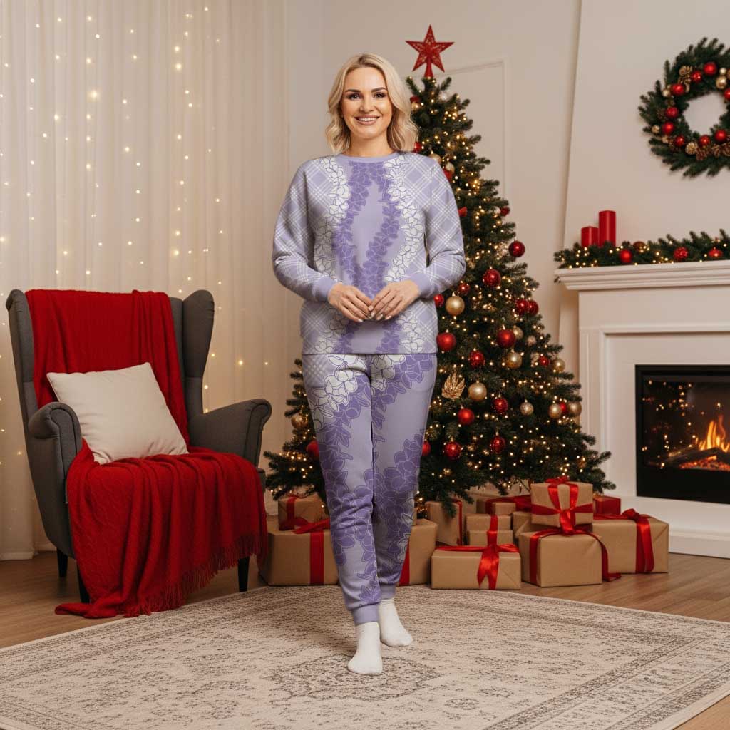 Hawaii Aloha Plumeria Lei Lavender Palaka Christmas Pajama Set - Polynesian Pride