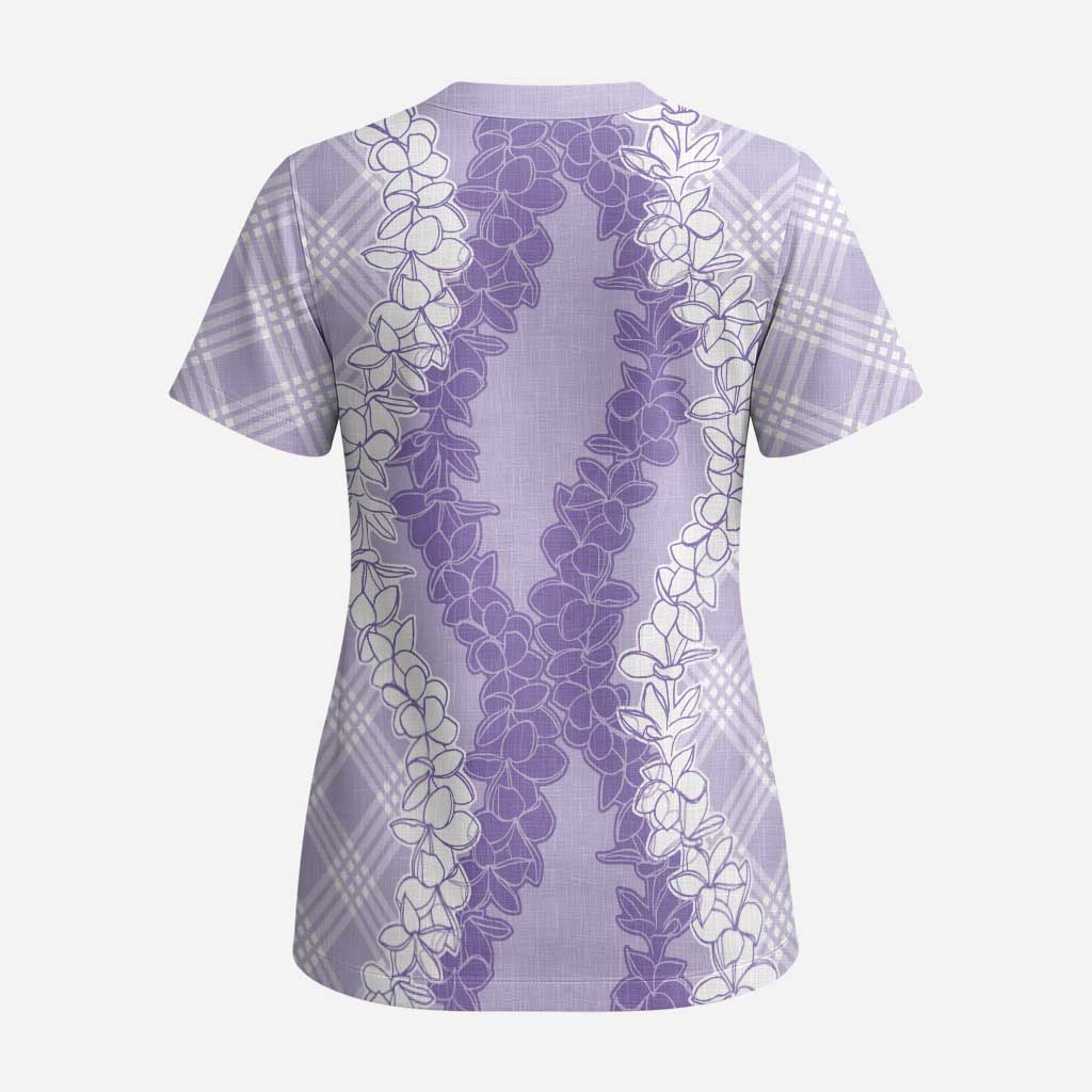 Hawaii Aloha Plumeria Lei Lavender Palaka Scrub Top - Polynesian Pride