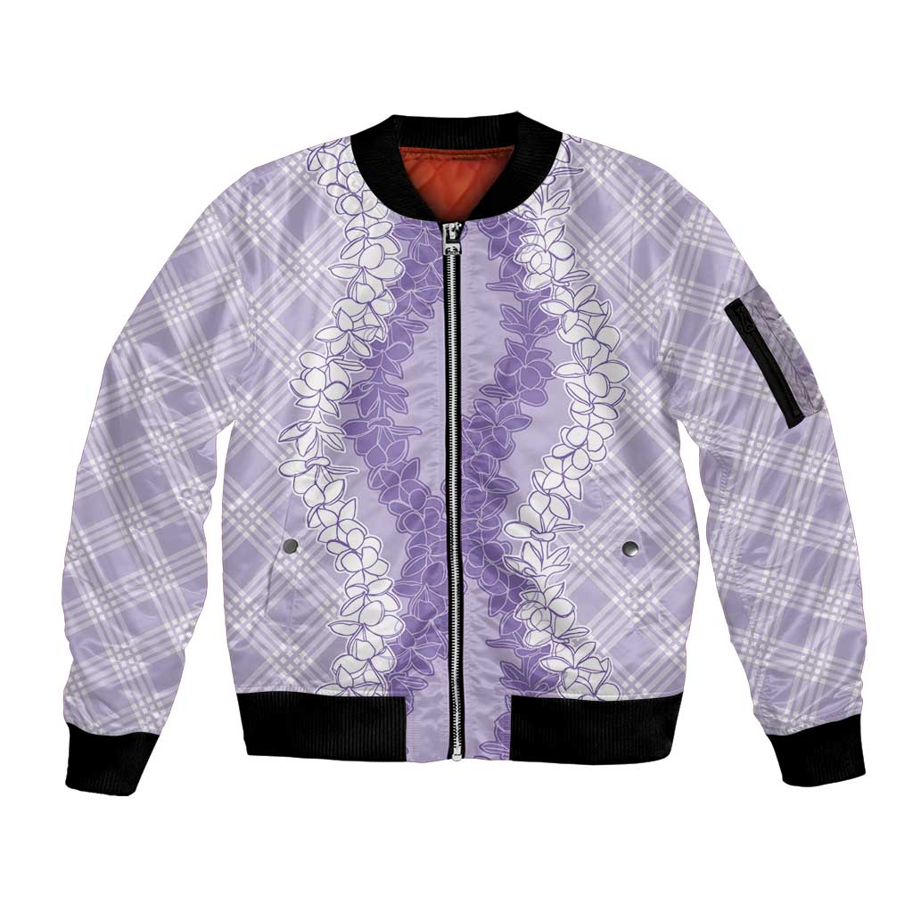Hawaii Aloha Plumeria Lei Lavender Palaka Sleeve Zip Bomber Jacket LT7 Unisex Lavender - Polynesian Pride