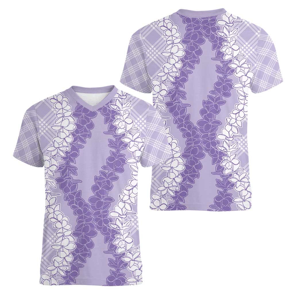 Hawaii Aloha Plumeria Lei Lavender Palaka Women V-Neck T-Shirt - Polynesian Pride