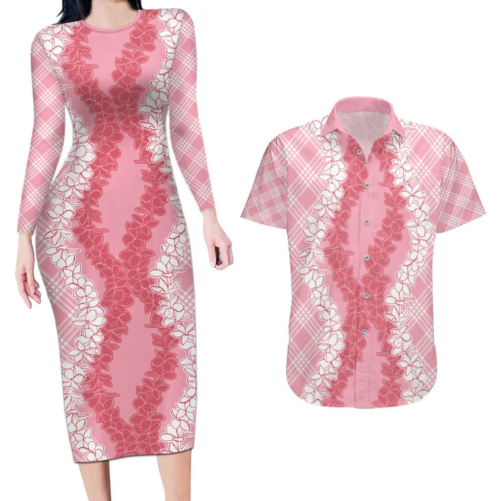 Hawaii Aloha Plumeria Lei Pink Palaka Couples Matching Long Sleeve Bodycon Dress and Hawaiian Shirt - Polynesian Pride