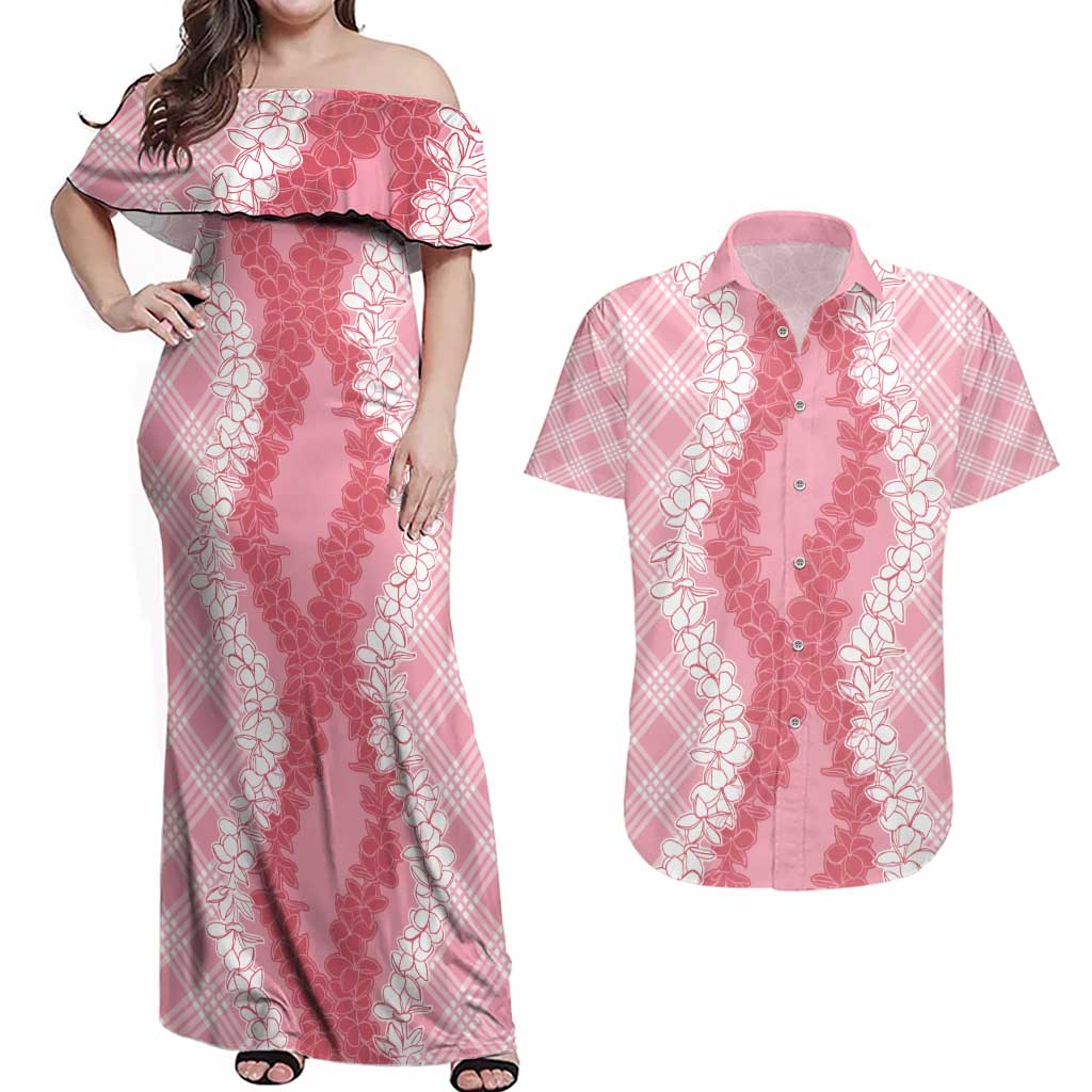 Hawaii Aloha Plumeria Lei Pink Palaka Couples Matching Off Shoulder Maxi Dress and Hawaiian Shirt - Polynesian Pride