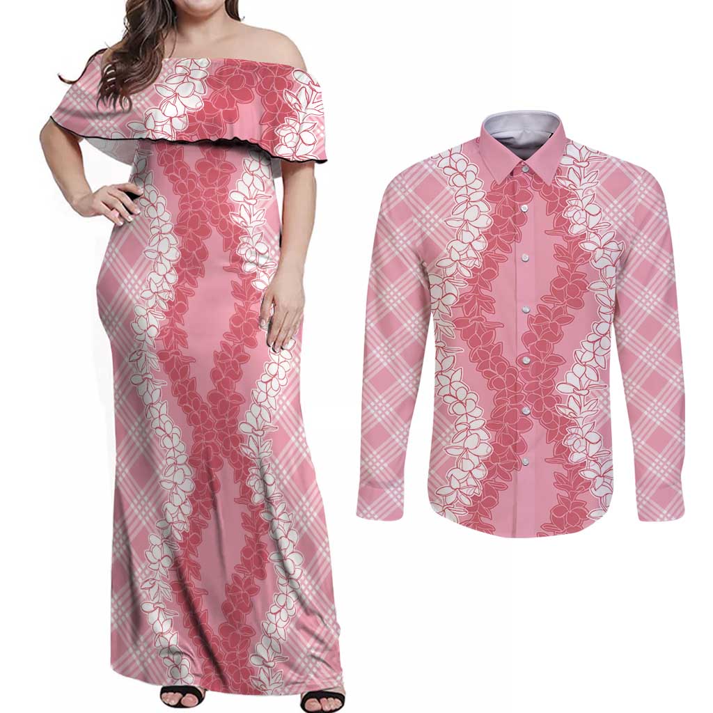Hawaii Aloha Plumeria Lei Pink Palaka Couples Matching Off Shoulder Maxi Dress and Long Sleeve Button Shirt - Polynesian Pride