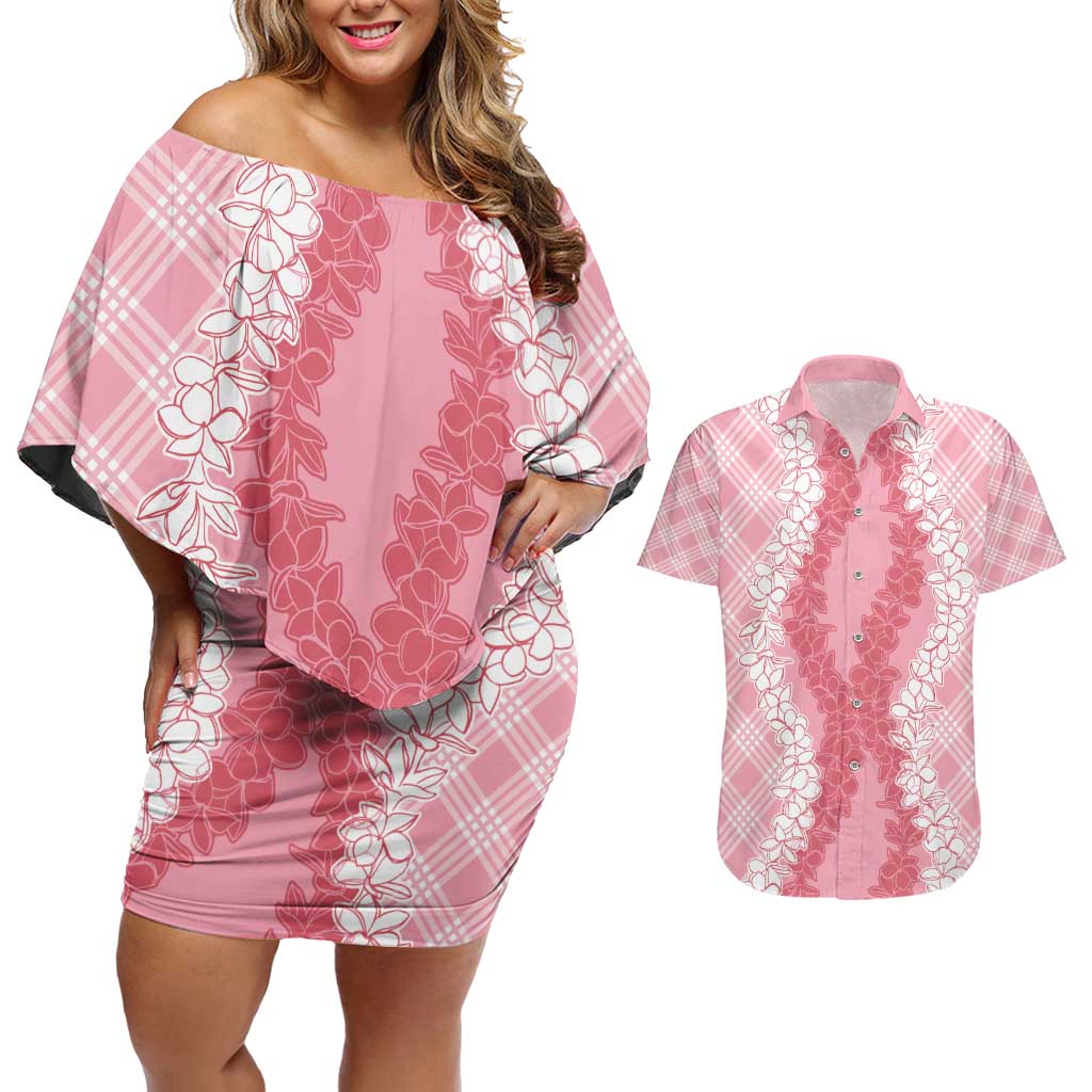 Hawaii Aloha Plumeria Lei Pink Palaka Couples Matching Off Shoulder Short Dress and Hawaiian Shirt - Polynesian Pride