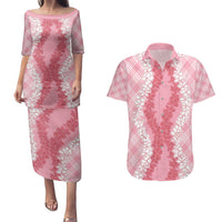 Hawaii Aloha Plumeria Lei Pink Palaka Couples Matching Puletasi and Hawaiian Shirt - Polynesian Pride