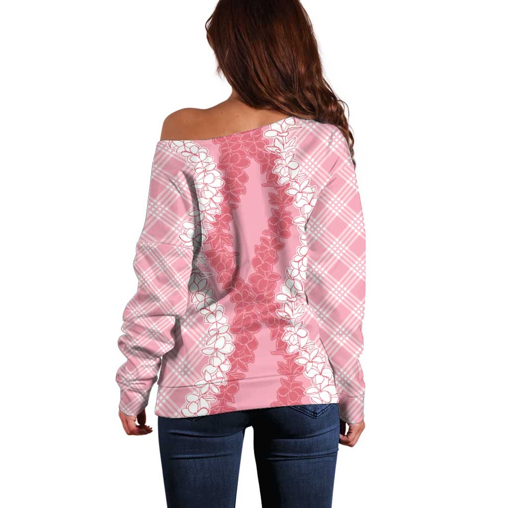 Hawaii Aloha Plumeria Lei Pink Palaka Off Shoulder Sweater - Polynesian Pride