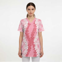 Hawaii Aloha Plumeria Lei Pink Palaka Scrub Top - Polynesian Pride