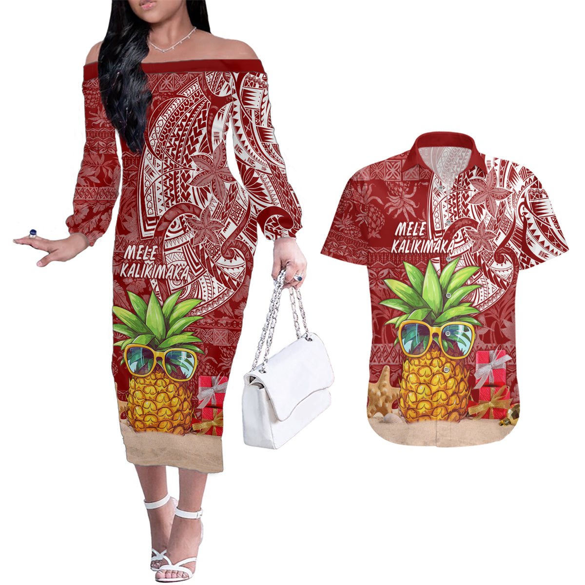 Mele Kalikimaka Hawaii Christmas Couples Matching Off The Shoulder Long Sleeve Dress and Hawaiian Shirt Pineapple Party LT7 Red - Polynesian Pride