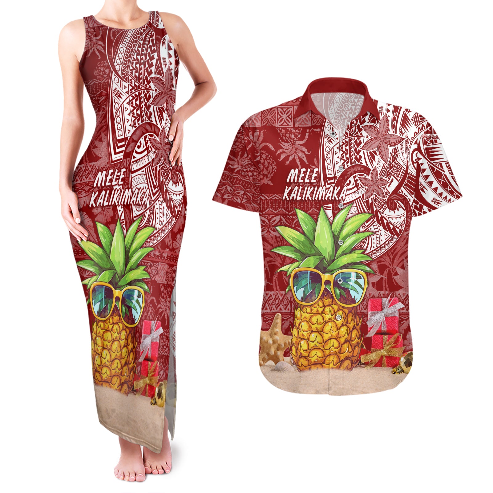 Mele Kalikimaka Hawaii Christmas Couples Matching Tank Maxi Dress and Hawaiian Shirt Pineapple Party LT7 Red - Polynesian Pride