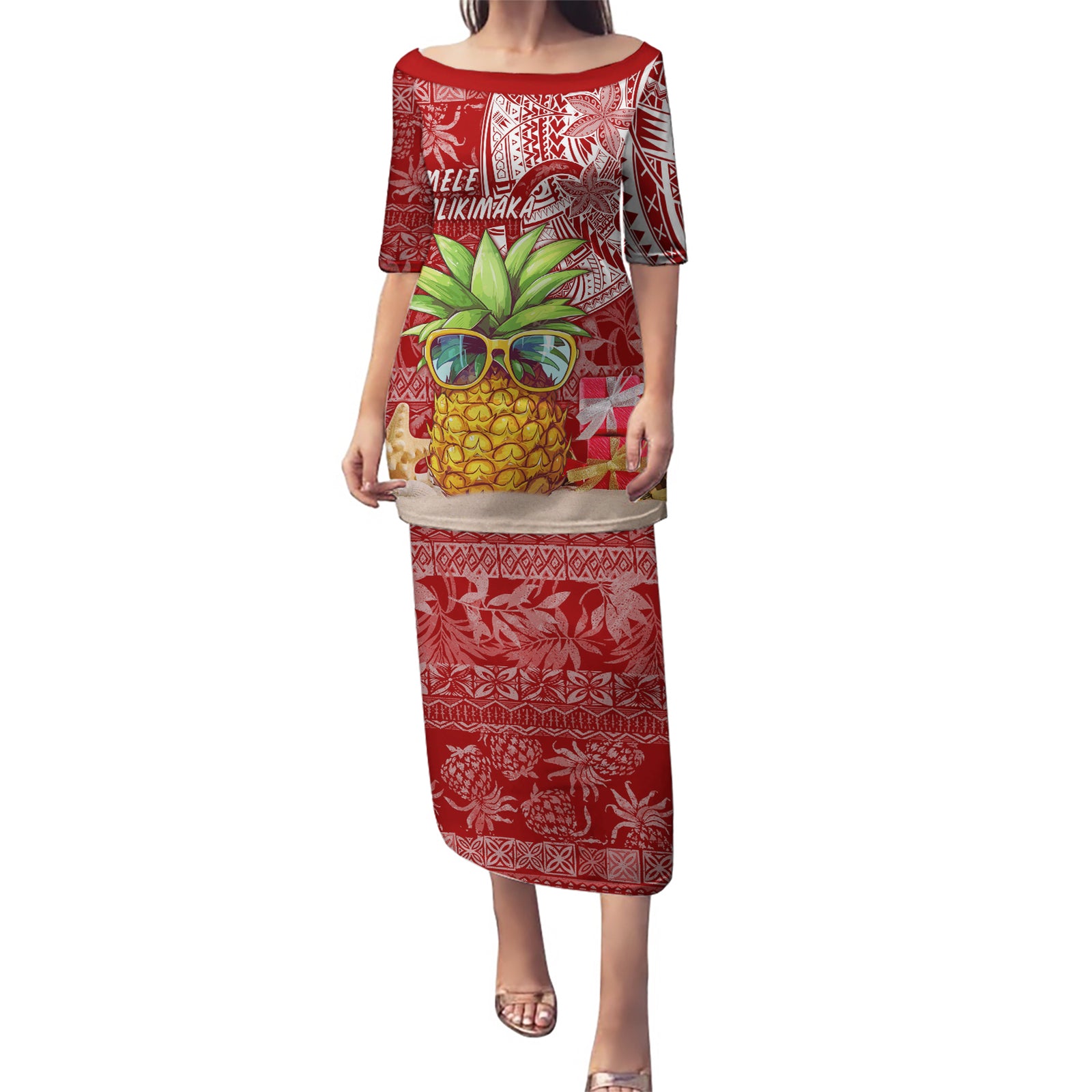 Mele Kalikimaka Hawaii Christmas Puletasi Pineapple Party LT7 Long Dress Red - Polynesian Pride