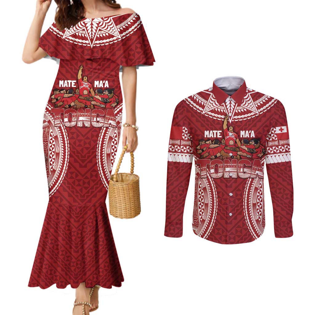 Personalized Mate Maa Tonga Rugby Couples Matching Mermaid Dress and Long Sleeve Button Shirt Ofa Atu Tonga