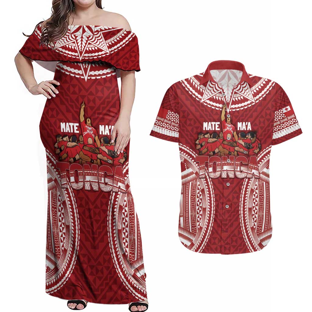 Personalized Mate Maa Tonga Rugby Couples Matching Off Shoulder Maxi Dress and Hawaiian Shirt Ofa Atu Tonga LT7 Red - Polynesian Pride
