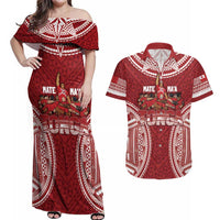 Personalized Mate Maa Tonga Rugby Couples Matching Off Shoulder Maxi Dress and Hawaiian Shirt Ofa Atu Tonga LT7 Red - Polynesian Pride
