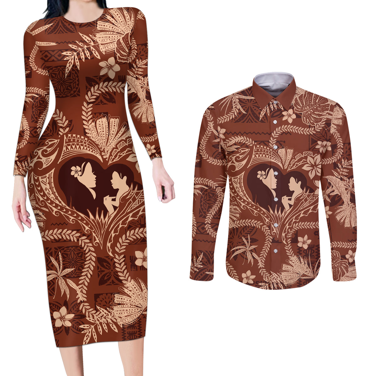 Hawaii Plumeria Couples Matching Long Sleeve Bodycon Dress and Long Sleeve Button Shirt Hau'oli la Makuahine Sunburned LT7 Brown - Polynesian Pride