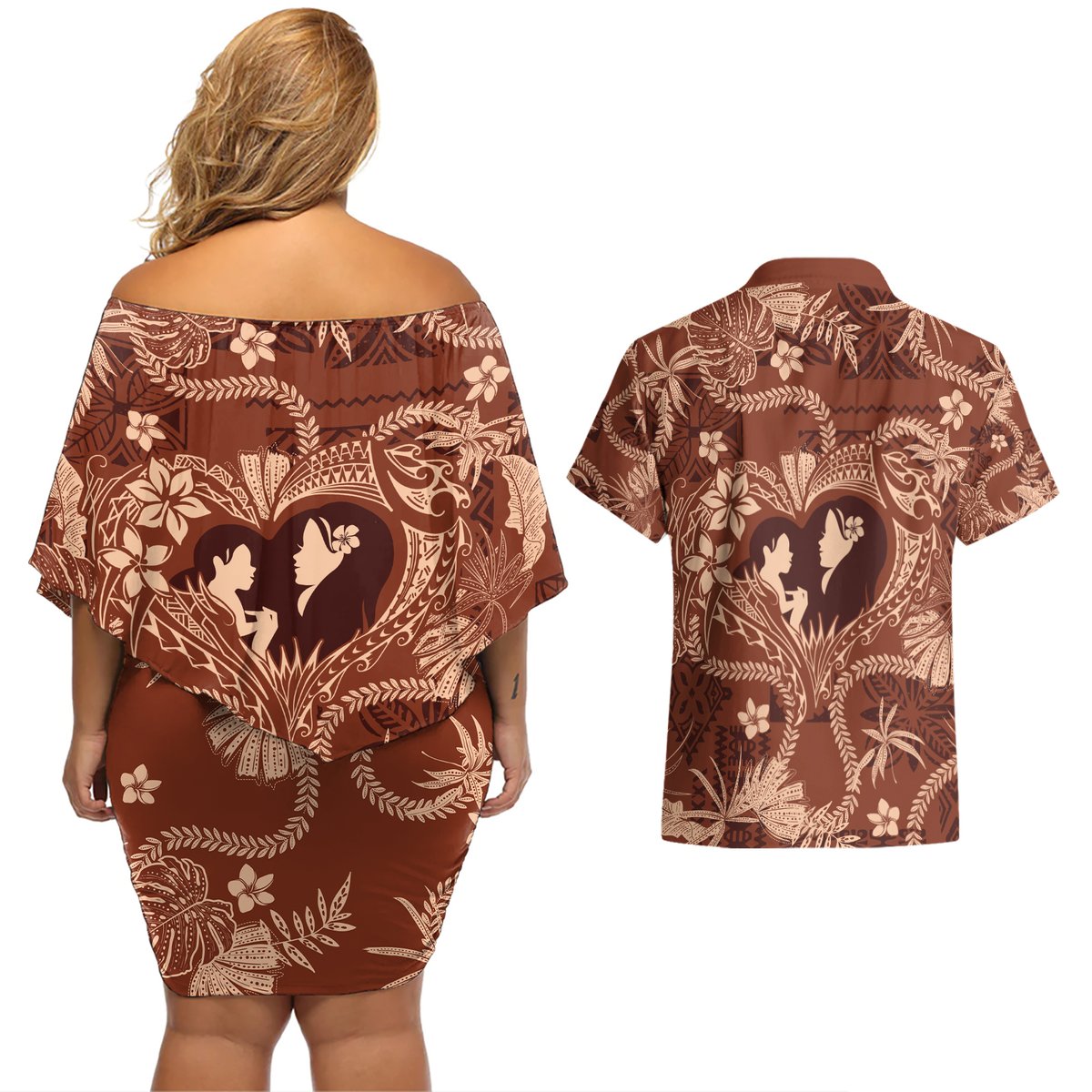 Hawaii Plumeria Couples Matching Off Shoulder Short Dress and Hawaiian Shirt Hau'oli la Makuahine Sunburned LT7 - Polynesian Pride