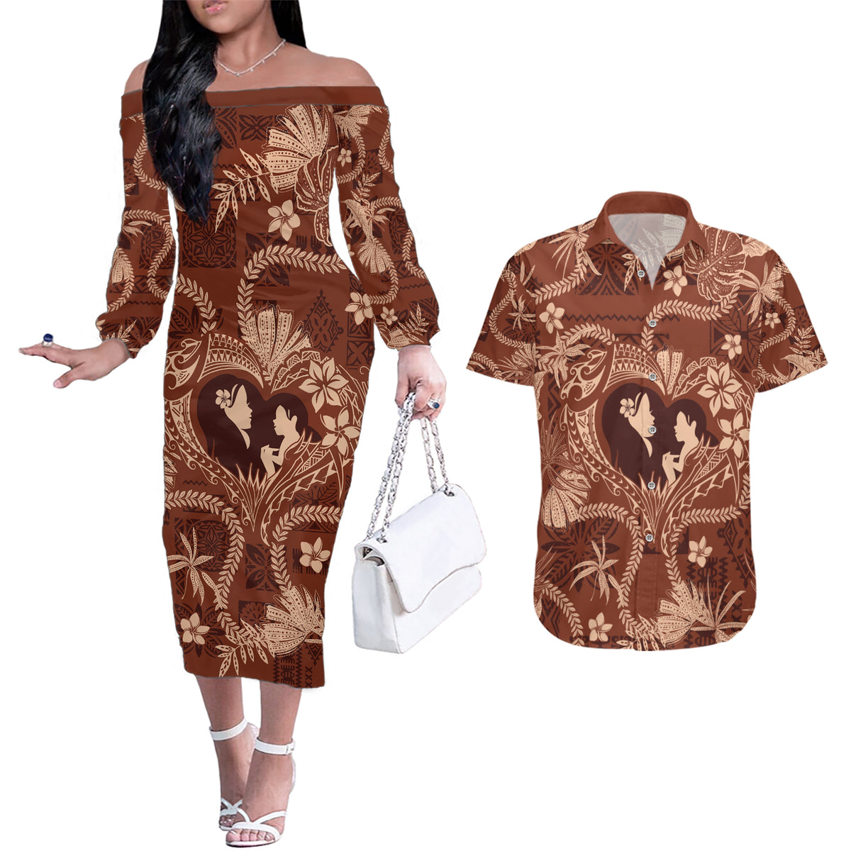 Hawaii Plumeria Couples Matching Off The Shoulder Long Sleeve Dress and Hawaiian Shirt Hau'oli la Makuahine Sunburned LT7 Brown - Polynesian Pride
