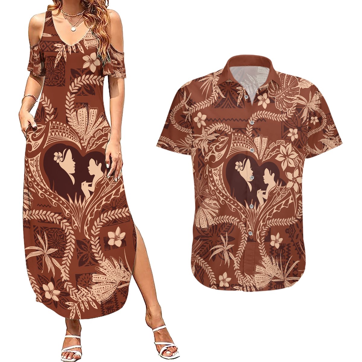 Hawaii Plumeria Couples Matching Summer Maxi Dress and Hawaiian Shirt Hau'oli la Makuahine Sunburned LT7 Brown - Polynesian Pride