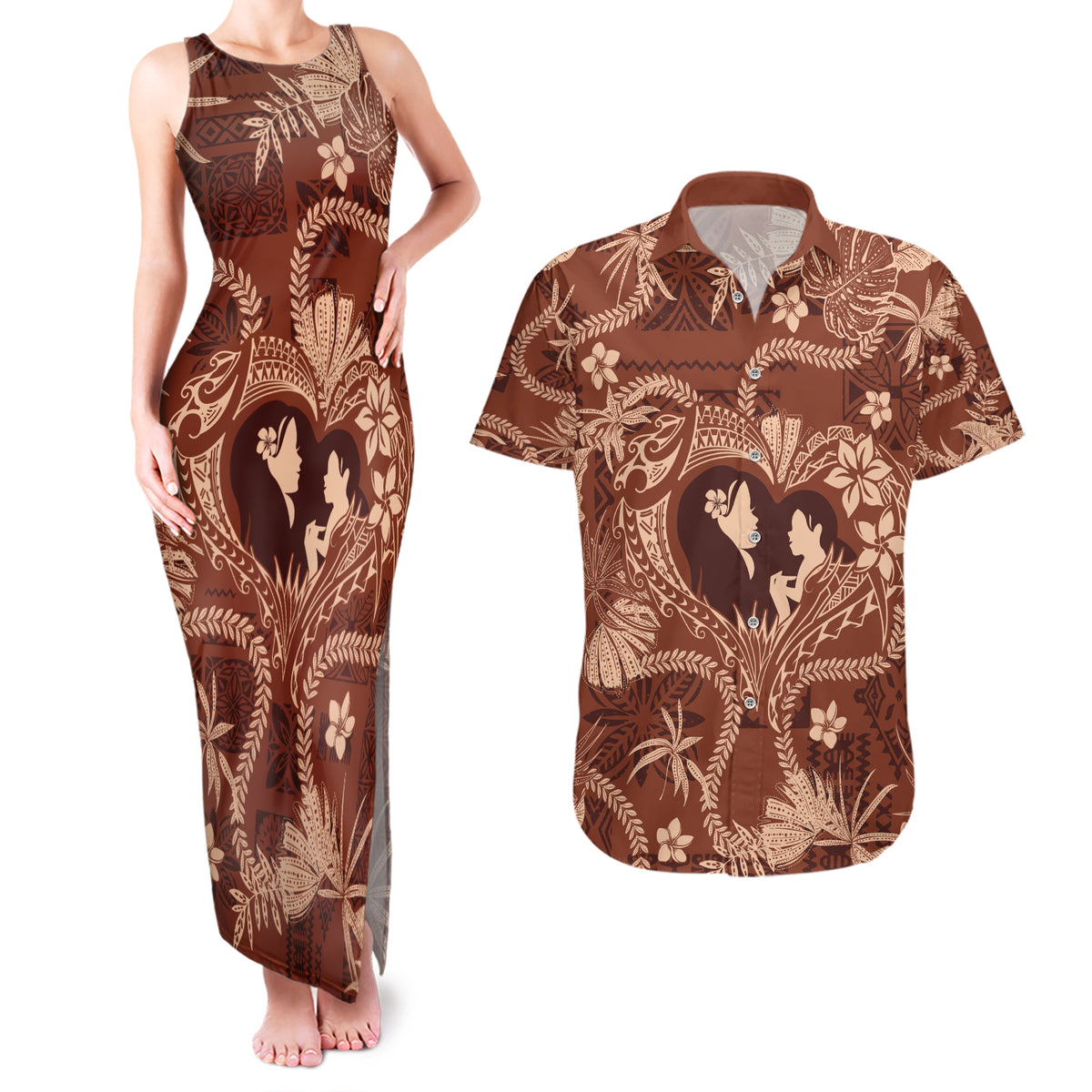 Hawaii Plumeria Couples Matching Tank Maxi Dress and Hawaiian Shirt Hau'oli la Makuahine Sunburned LT7 Brown - Polynesian Pride