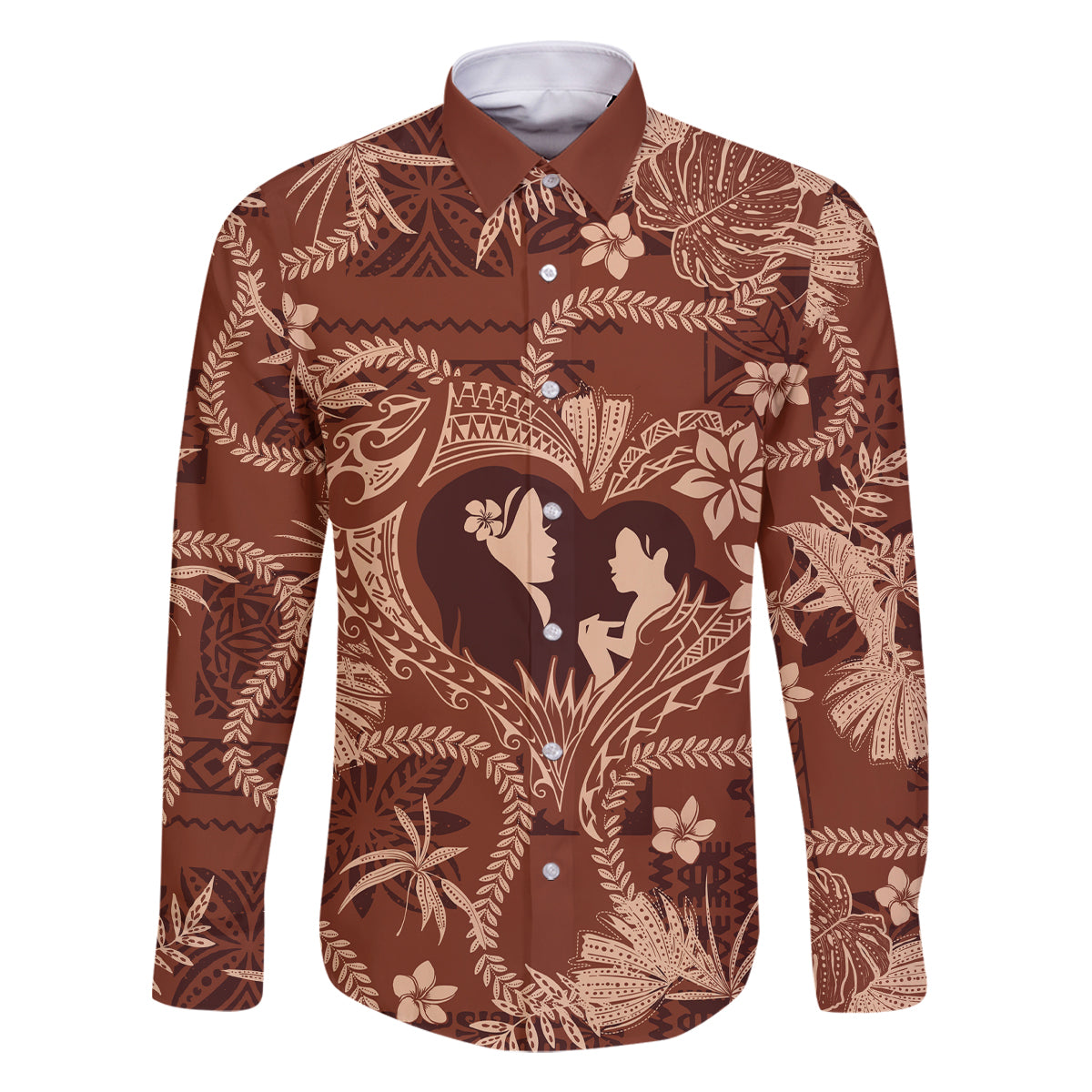 Hawaii Plumeria Family Matching Mermaid Dress and Hawaiian Shirt Hau'oli la Makuahine Sunburned LT7 Dad's Shirt - Long Sleeve Brown - Polynesian Pride