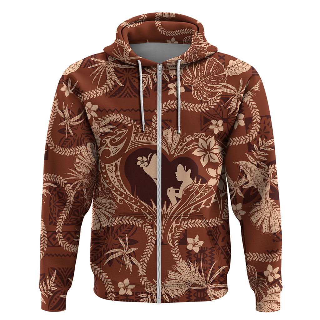 Hawaii Plumeria Hoodie Hau'oli la Makuahine Sunburned LT7 Zip Hoodie Brown - Polynesian Pride