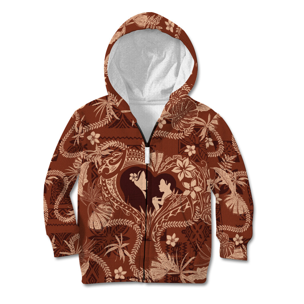 Hawaii Plumeria Kid Hoodie Hau'oli la Makuahine Sunburned LT7 Zip Hoodie Brown - Polynesian Pride