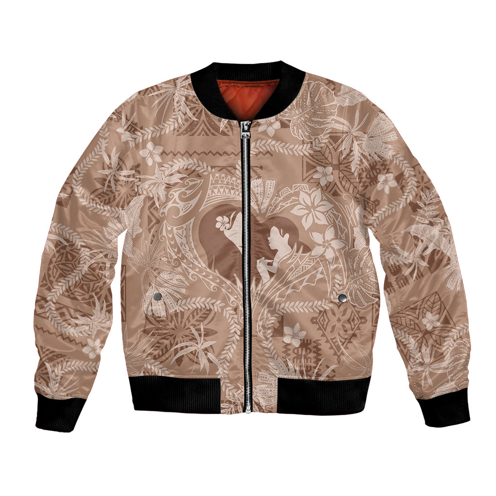 Hawaii Plumeria Bomber Jacket Hau'oli la Makuahine Beige LT7 Unisex Beige - Polynesian Pride