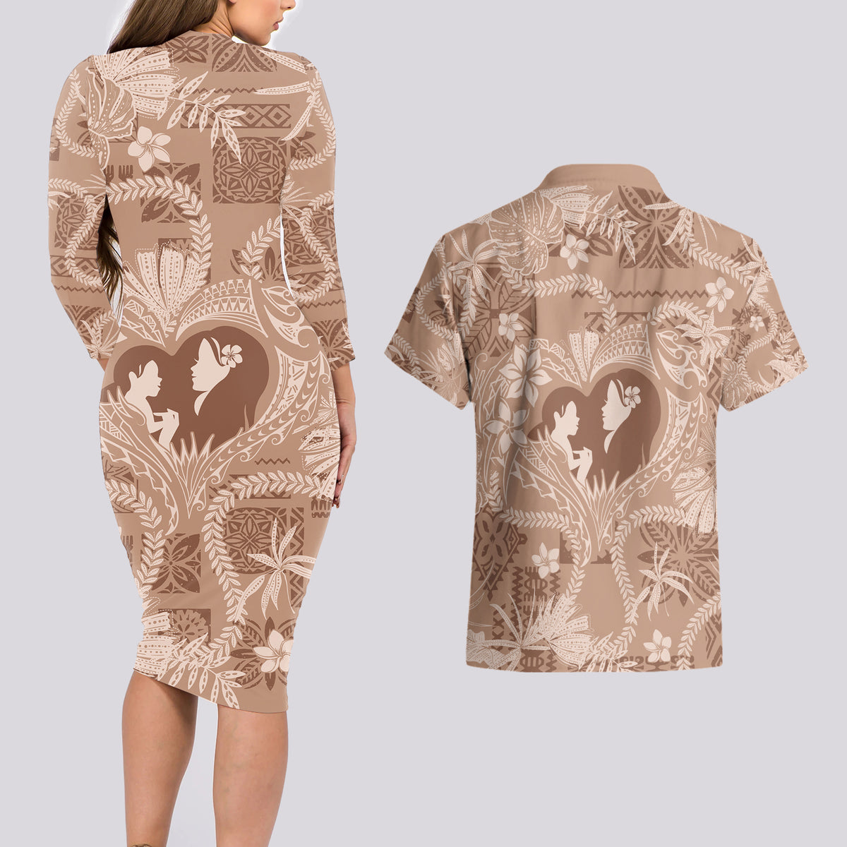 Hawaii Plumeria Couples Matching Long Sleeve Bodycon Dress and Hawaiian Shirt Hau'oli la Makuahine Beige LT7 - Polynesian Pride