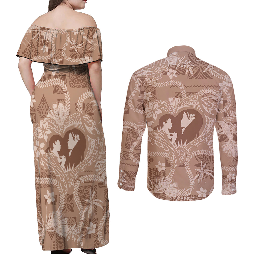Hawaii Plumeria Couples Matching Off Shoulder Maxi Dress and Long Sleeve Button Shirt Hau'oli la Makuahine Beige LT7 - Polynesian Pride