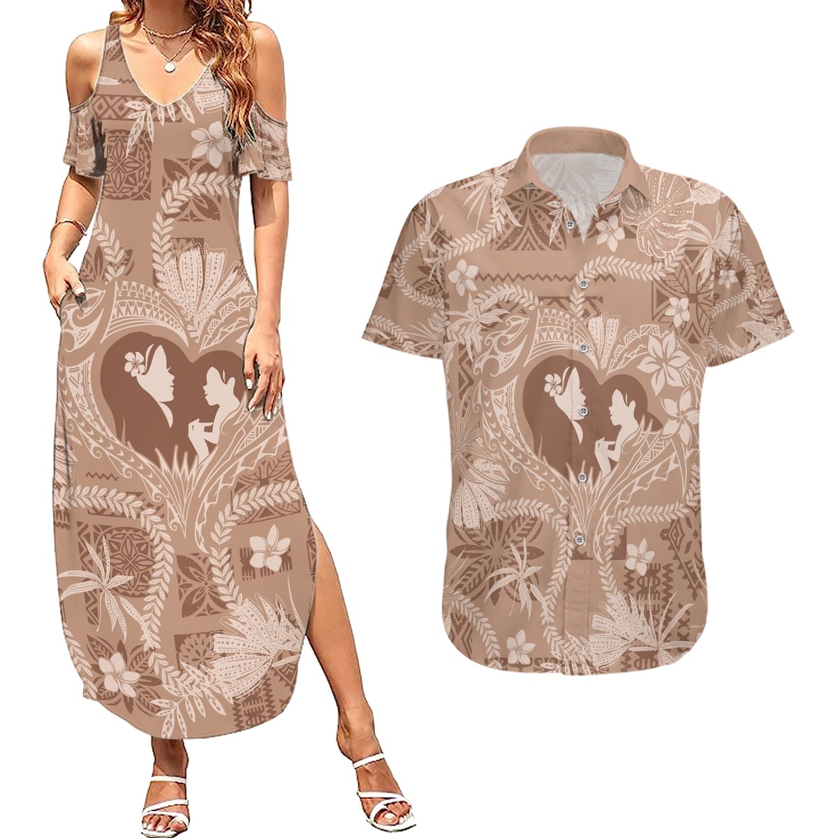 Hawaii Plumeria Couples Matching Summer Maxi Dress and Hawaiian Shirt Hau'oli la Makuahine Beige LT7 Beige - Polynesian Pride