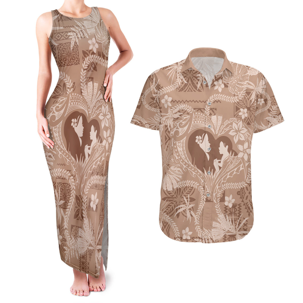 Hawaii Plumeria Couples Matching Tank Maxi Dress and Hawaiian Shirt Hau'oli la Makuahine Beige LT7 Beige - Polynesian Pride