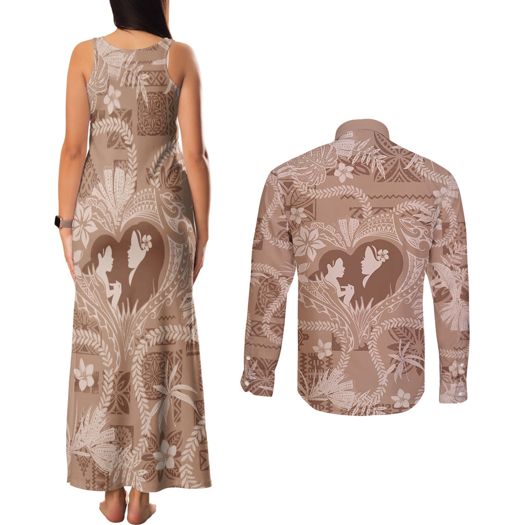 Hawaii Plumeria Couples Matching Tank Maxi Dress and Long Sleeve Button Shirt Hau'oli la Makuahine Beige LT7 - Polynesian Pride