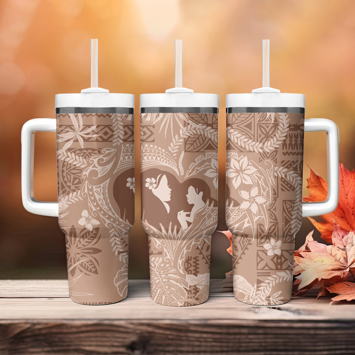 Hawaii Plumeria Tumbler With Handle Hau'oli la Makuahine Beige