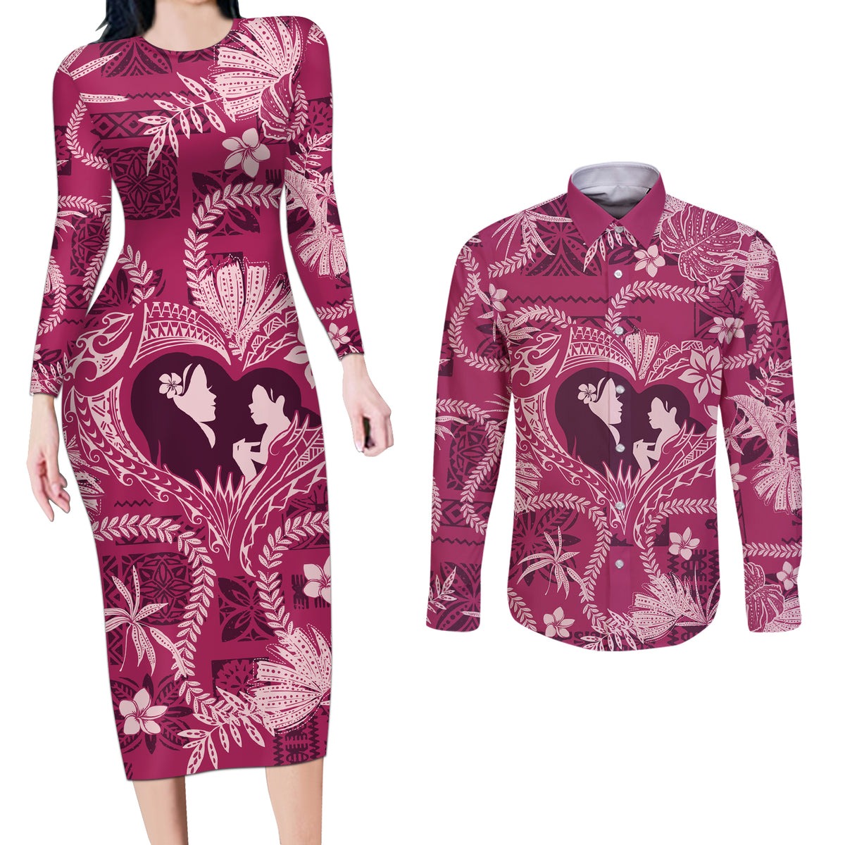 Hawaii Plumeria Couples Matching Long Sleeve Bodycon Dress and Long Sleeve Button Shirt Hau'oli la Makuahine Rosy LT7 Pink - Polynesian Pride
