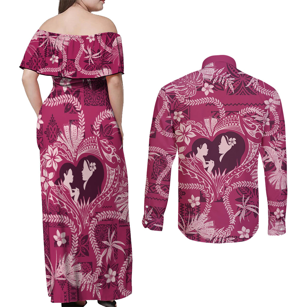 Hawaii Plumeria Couples Matching Off Shoulder Maxi Dress and Long Sleeve Button Shirt Hau'oli la Makuahine Rosy LT7 - Polynesian Pride