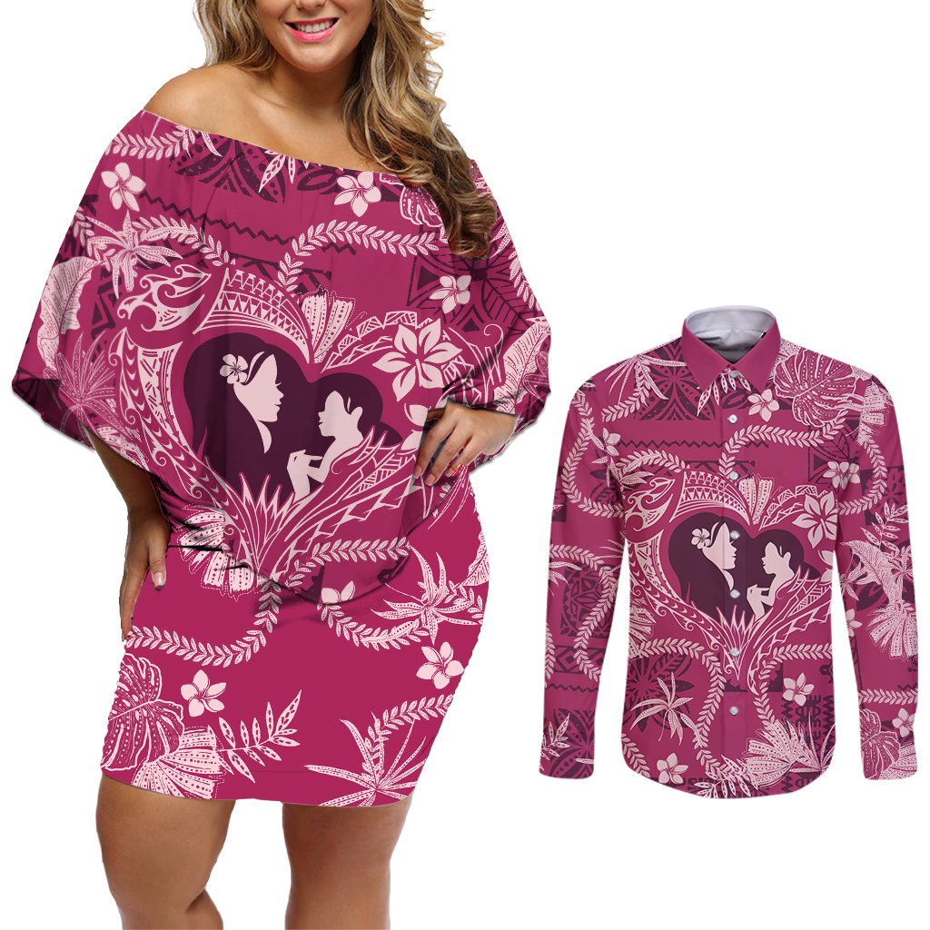 Hawaii Plumeria Couples Matching Off Shoulder Short Dress and Long Sleeve Button Shirt Hau'oli la Makuahine Rosy LT7 Pink - Polynesian Pride