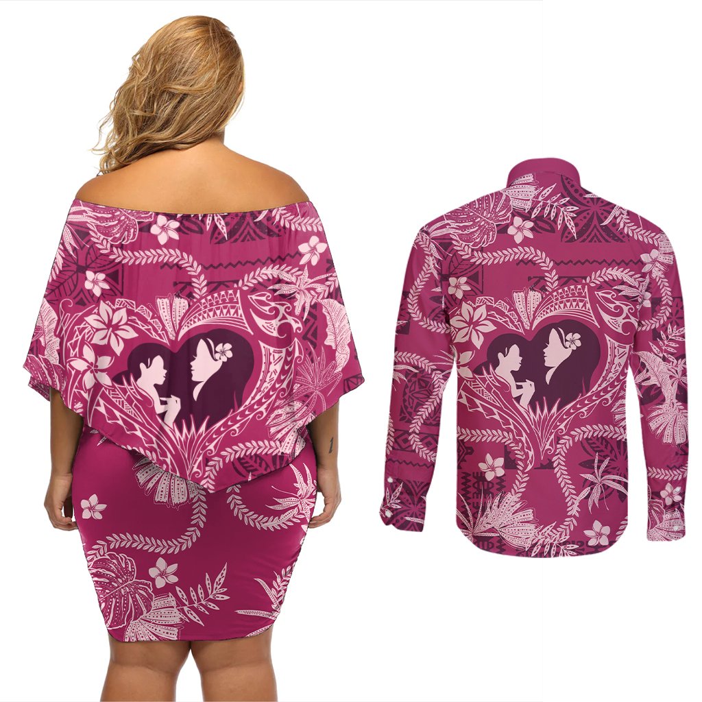 Hawaii Plumeria Couples Matching Off Shoulder Short Dress and Long Sleeve Button Shirt Hau'oli la Makuahine Rosy LT7 - Polynesian Pride
