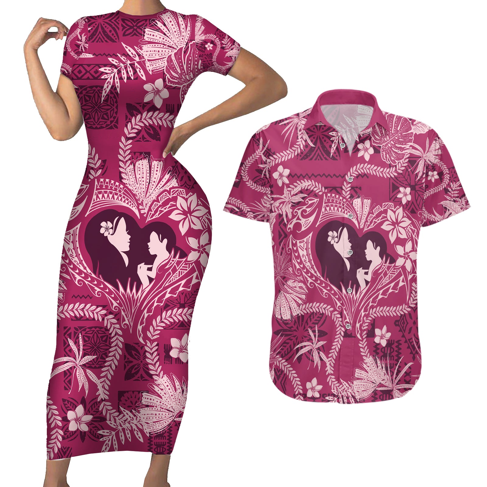 Hawaii Plumeria Couples Matching Short Sleeve Bodycon Dress and Hawaiian Shirt Hau'oli la Makuahine Rosy LT7 Pink - Polynesian Pride