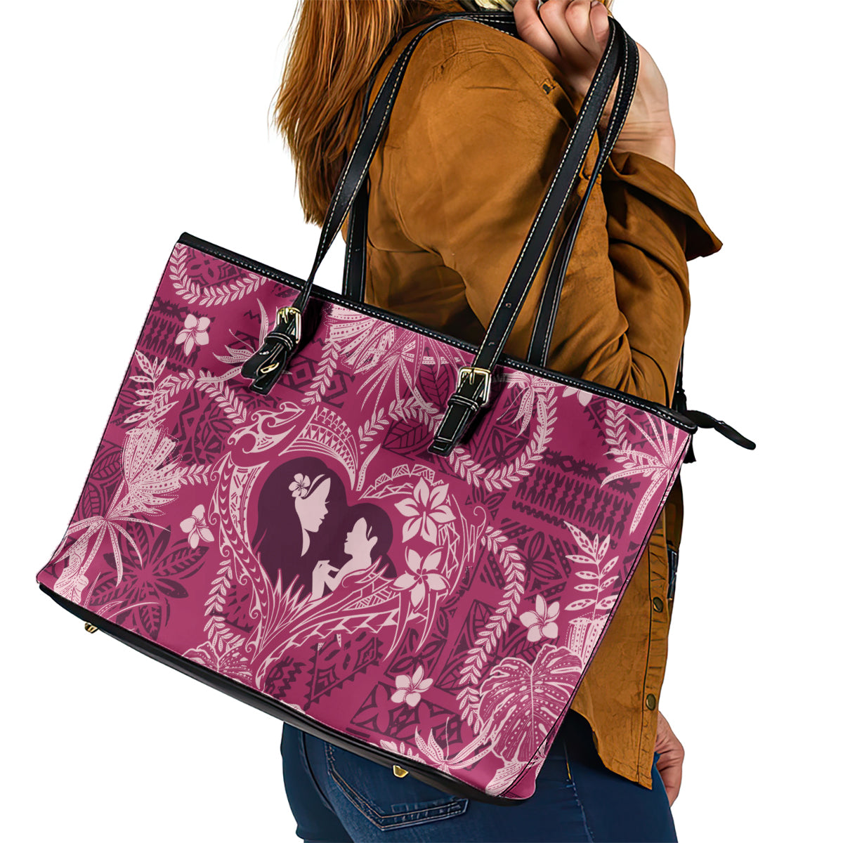 Hawaii Plumeria Leather Tote Bag Hau'oli la Makuahine Rosy LT7 - Polynesian Pride