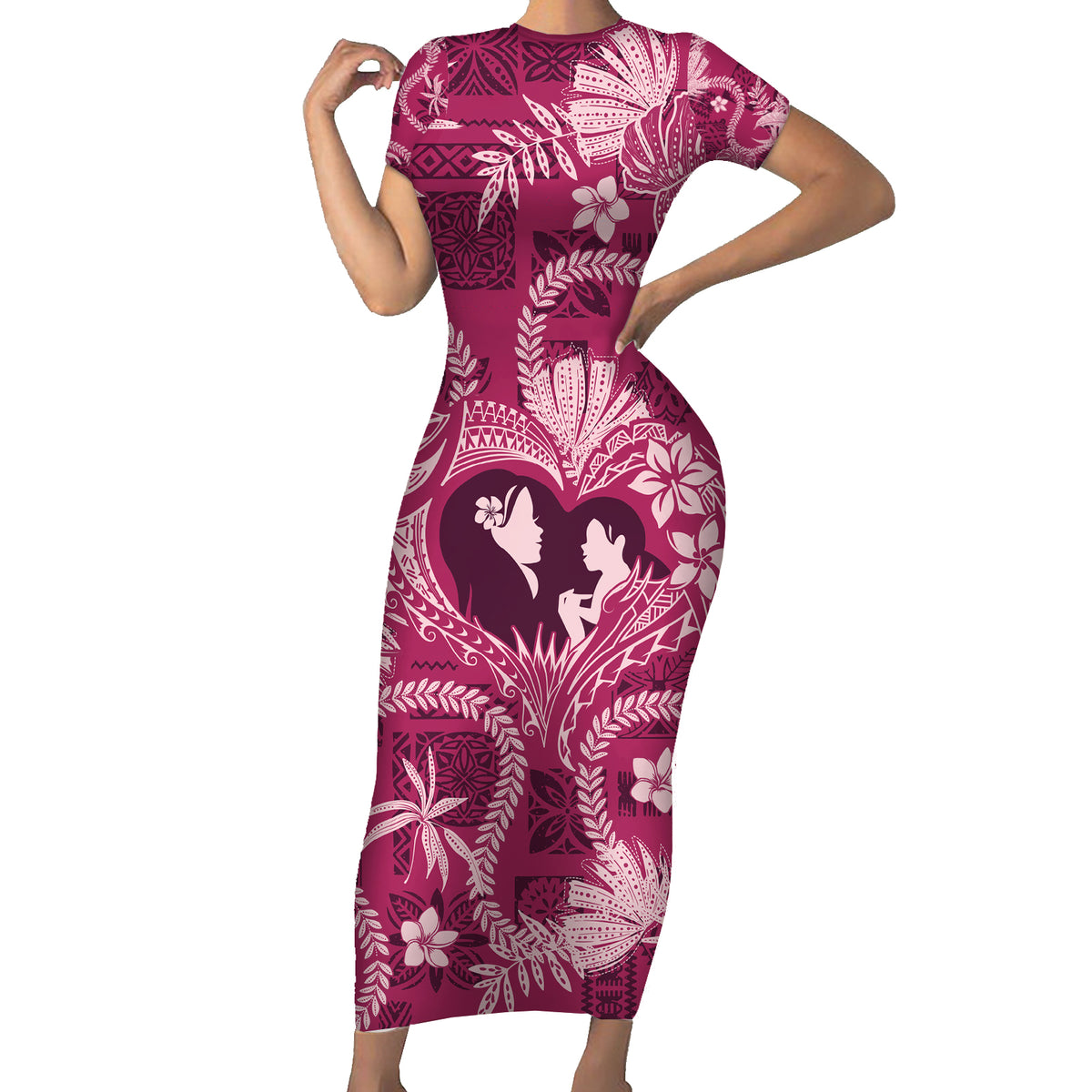 Hawaii Plumeria Short Sleeve Bodycon Dress Hau'oli la Makuahine Rosy LT7 Long Dress Pink - Polynesian Pride