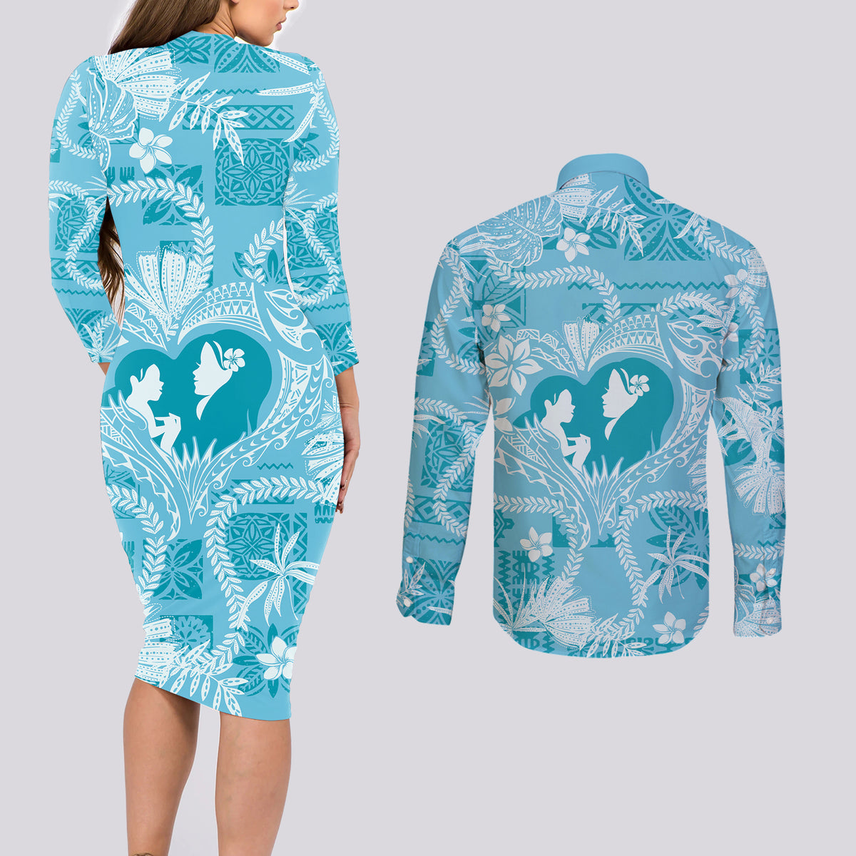 Hawaii Plumeria Couples Matching Long Sleeve Bodycon Dress and Long Sleeve Button Shirt Hau'oli la Makuahine Turquoise LT7 - Polynesian Pride