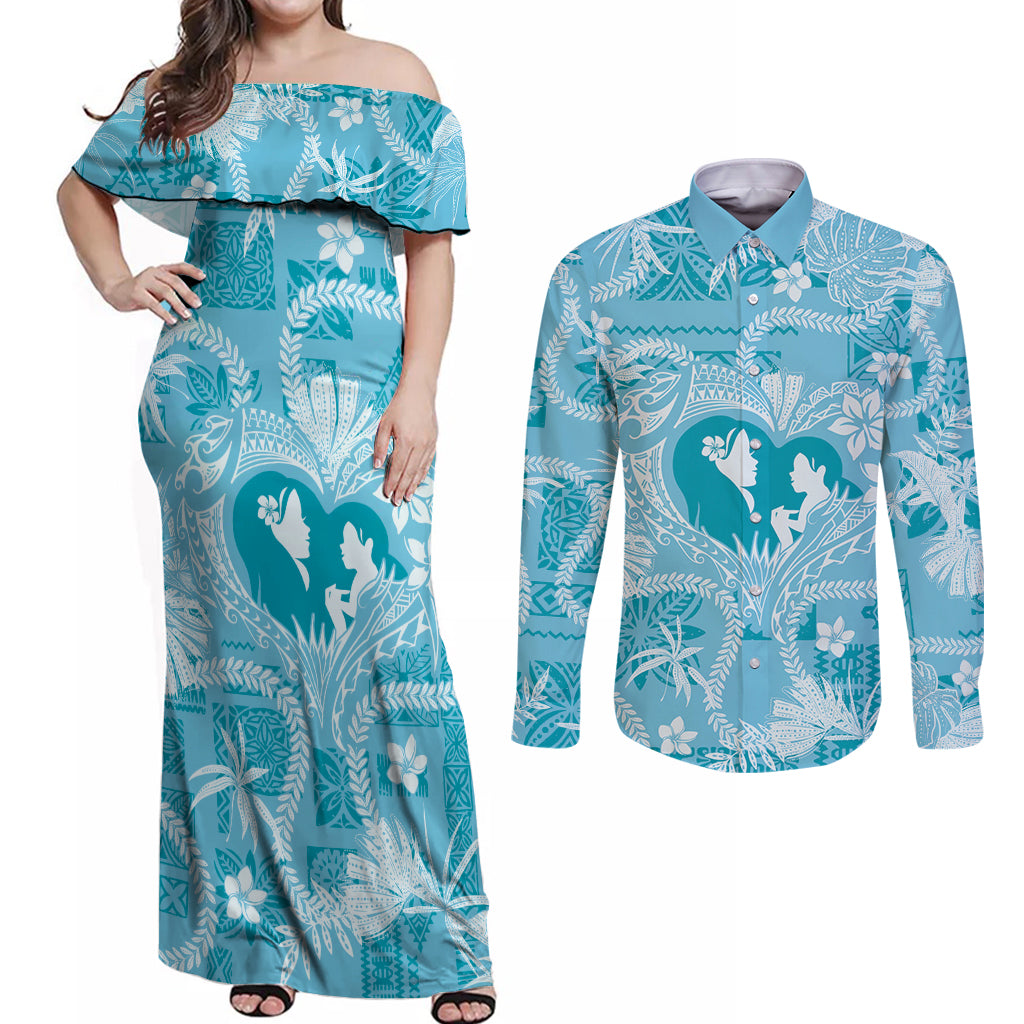 Hawaii Plumeria Couples Matching Off Shoulder Maxi Dress and Long Sleeve Button Shirt Hau'oli la Makuahine Turquoise LT7 Turquoise - Polynesian Pride