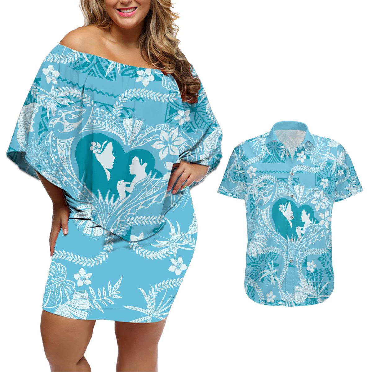Hawaii Plumeria Couples Matching Off Shoulder Short Dress and Hawaiian Shirt Hau'oli la Makuahine Turquoise LT7 Turquoise - Polynesian Pride