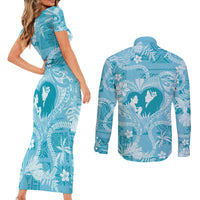 Hawaii Plumeria Couples Matching Short Sleeve Bodycon Dress and Long Sleeve Button Shirt Hau'oli la Makuahine Turquoise LT7 - Polynesian Pride