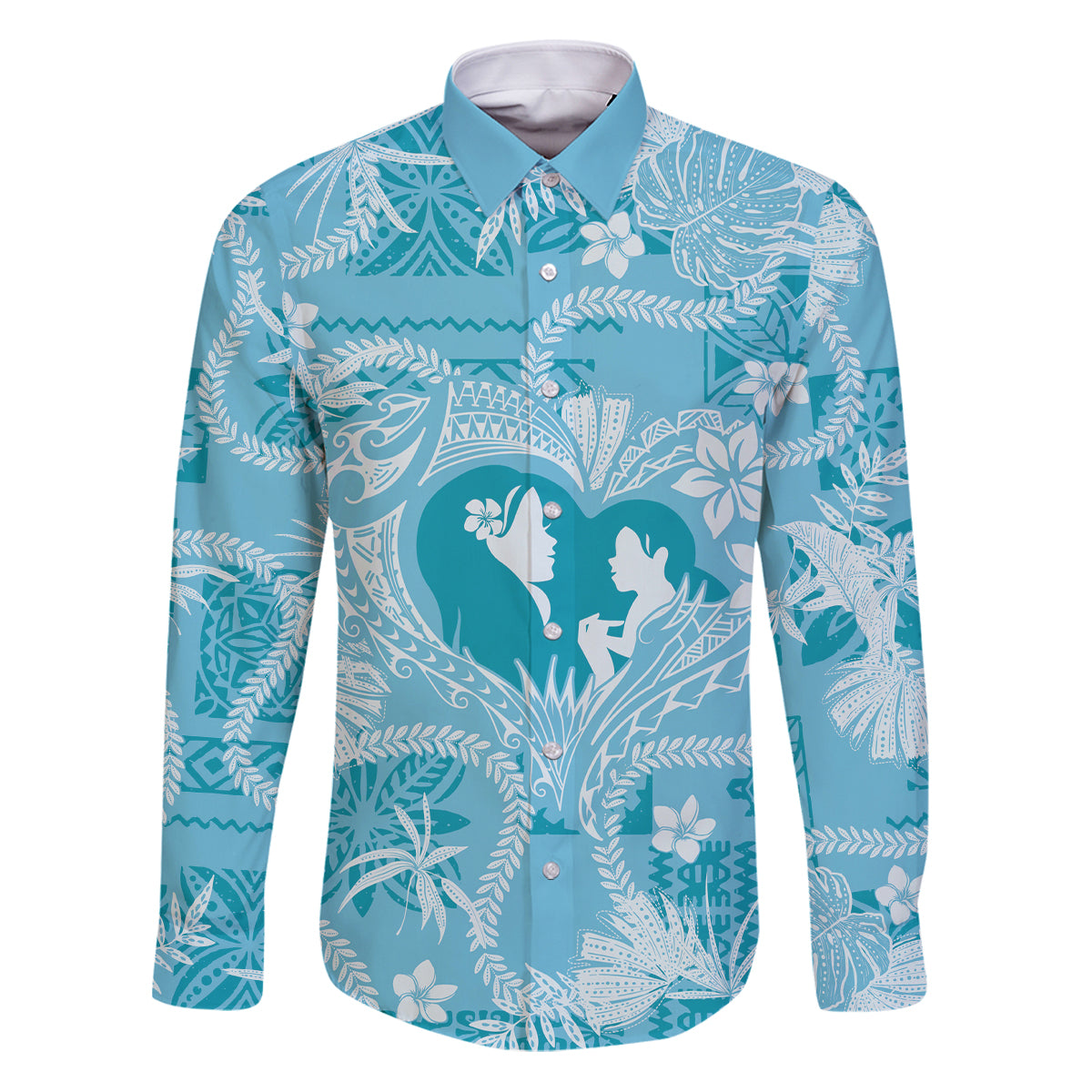Hawaii Plumeria Family Matching Puletasi and Hawaiian Shirt Hau'oli la Makuahine Turquoise LT7 Dad's Shirt - Long Sleeve Turquoise - Polynesian Pride