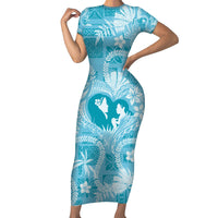 Hawaii Plumeria Short Sleeve Bodycon Dress Hau'oli la Makuahine Turquoise LT7 Long Dress Turquoise - Polynesian Pride