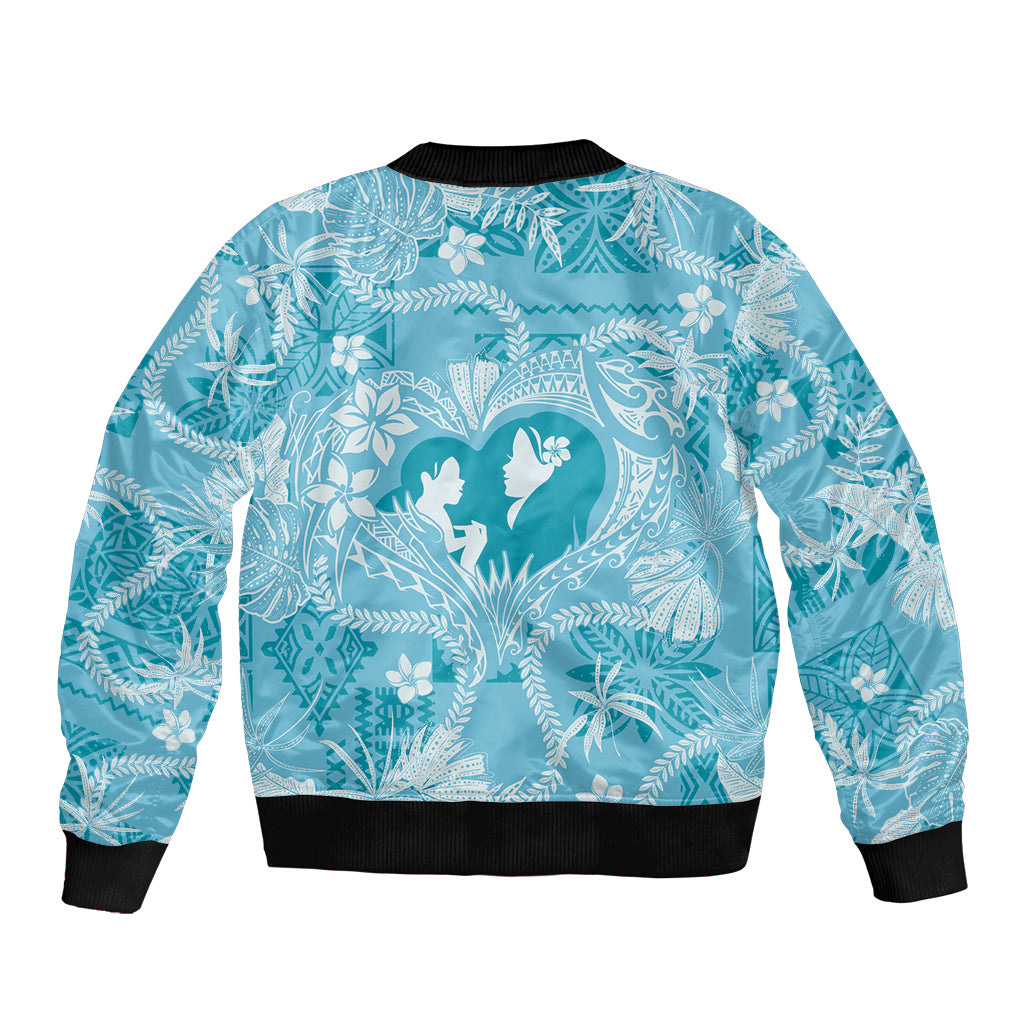 Hawaii Plumeria Sleeve Zip Bomber Jacket Hau'oli la Makuahine Turquoise LT7 - Polynesian Pride