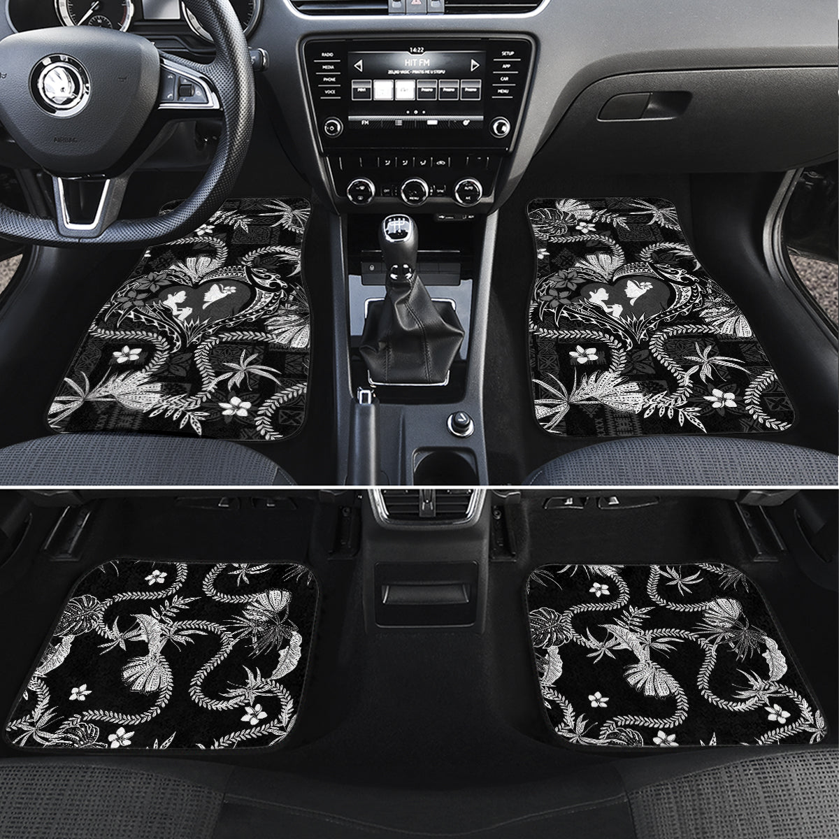 Hawaii Plumeria Car Mats Hau'oli la Makuahine Monochrome LT7 Set 4pcs Black - Polynesian Pride