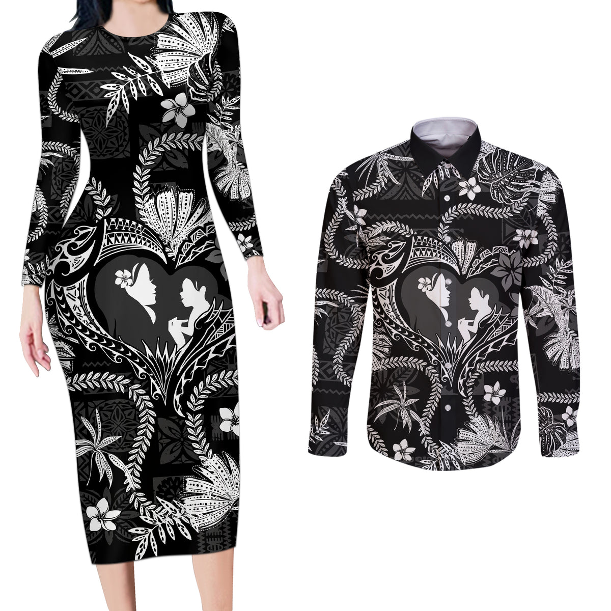 Hawaii Plumeria Couples Matching Long Sleeve Bodycon Dress and Long Sleeve Button Shirt Hau'oli la Makuahine Monochrome LT7 Black - Polynesian Pride
