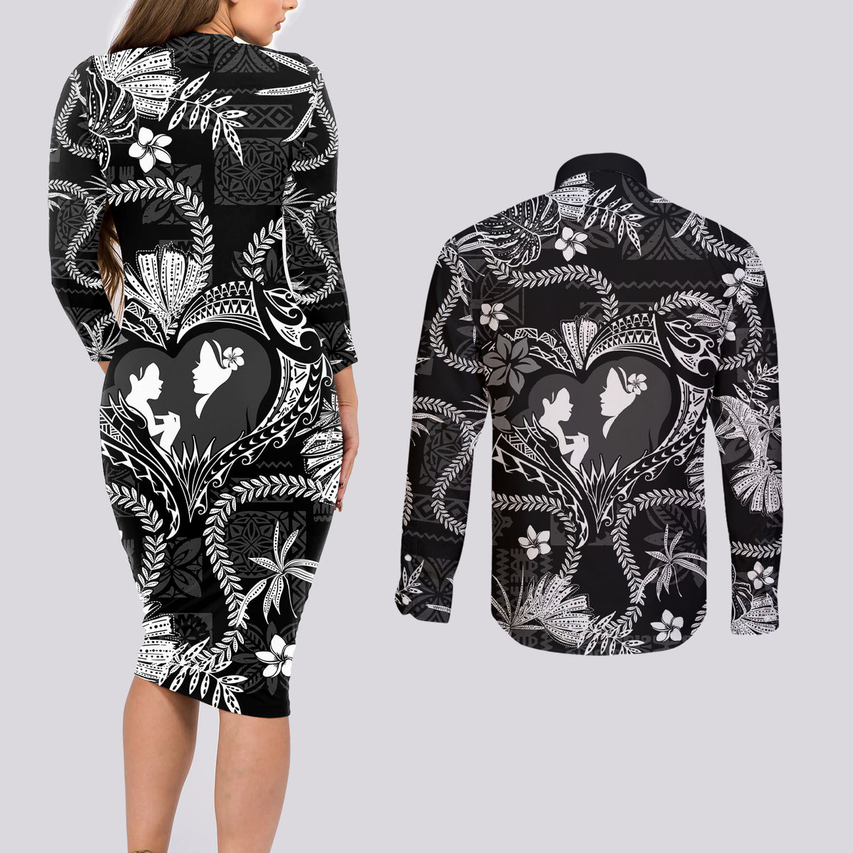 Hawaii Plumeria Couples Matching Long Sleeve Bodycon Dress and Long Sleeve Button Shirt Hau'oli la Makuahine Monochrome LT7 - Polynesian Pride